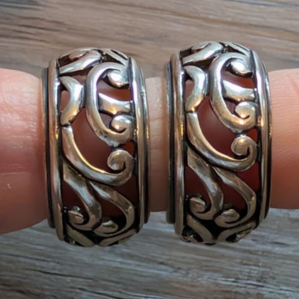 Scroll Hoop Clip-On Earrings 925 Sterling Silver Cut Out Work 10g